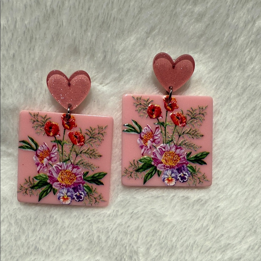Floral Pink Heart Earrings